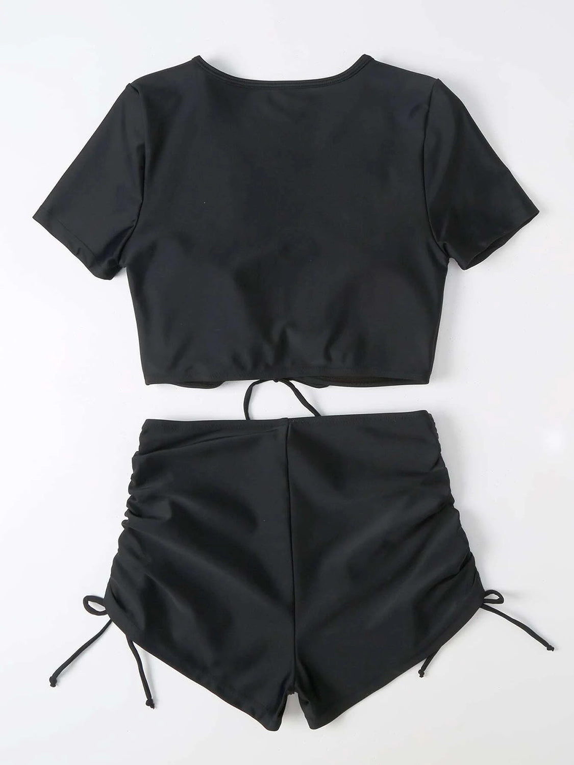 Drawstring V-Neck Short Sleeve Two-Piece Swim Set