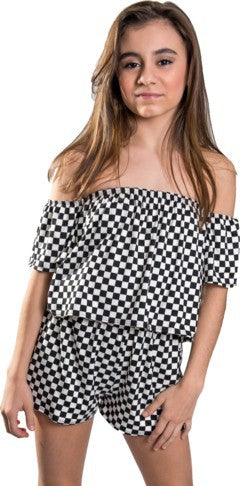 KIDS CHECKERED OFF THE SHOULDER ROMPER