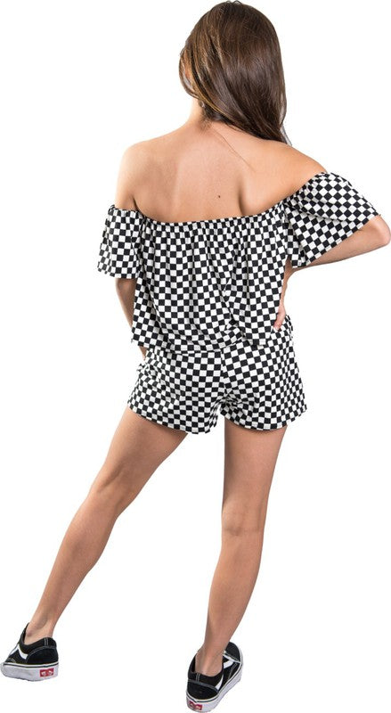 KIDS CHECKERED OFF THE SHOULDER ROMPER