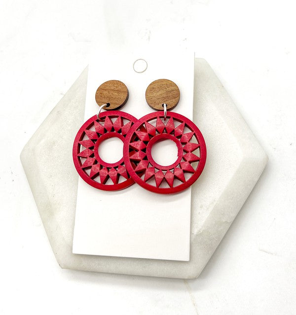 Red Wood Sunburst Earrings