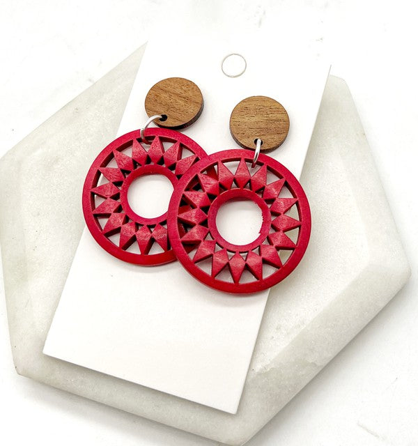 Red Wood Sunburst Earrings