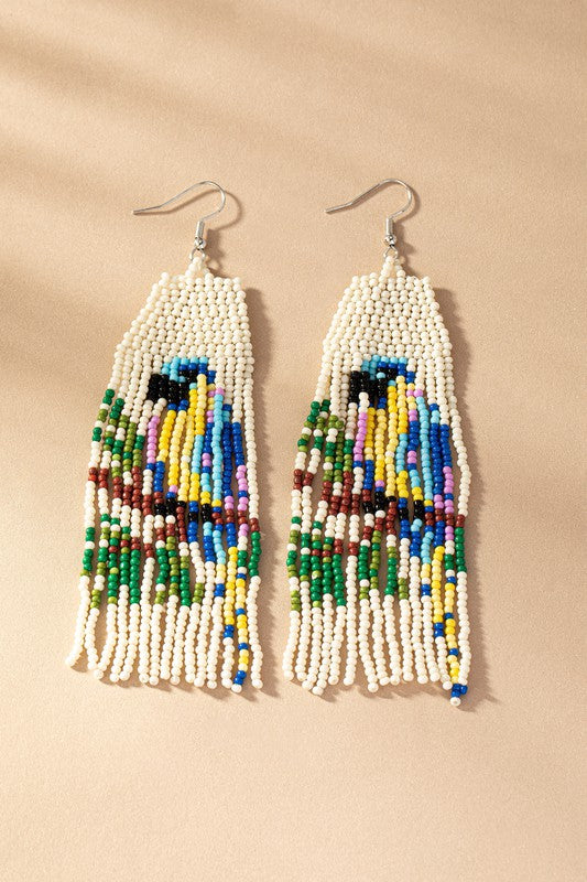 parrot seed bead drop earrings