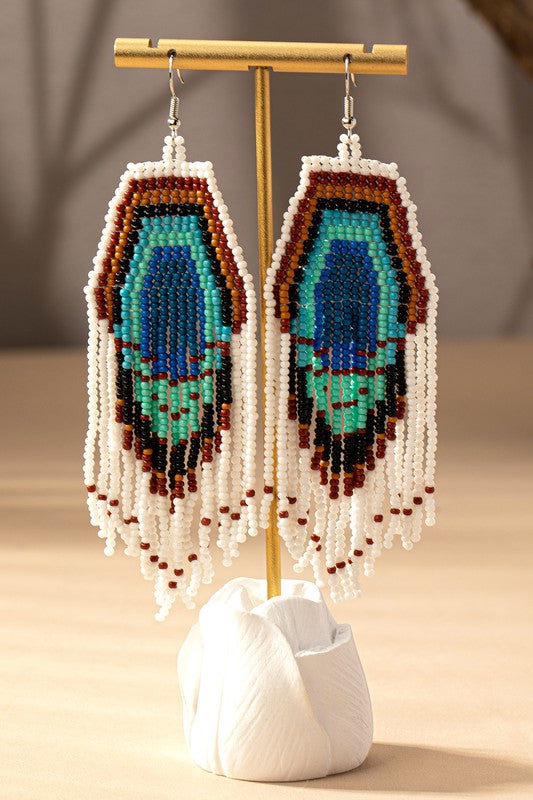 Peacock seed bead boho statement earrings