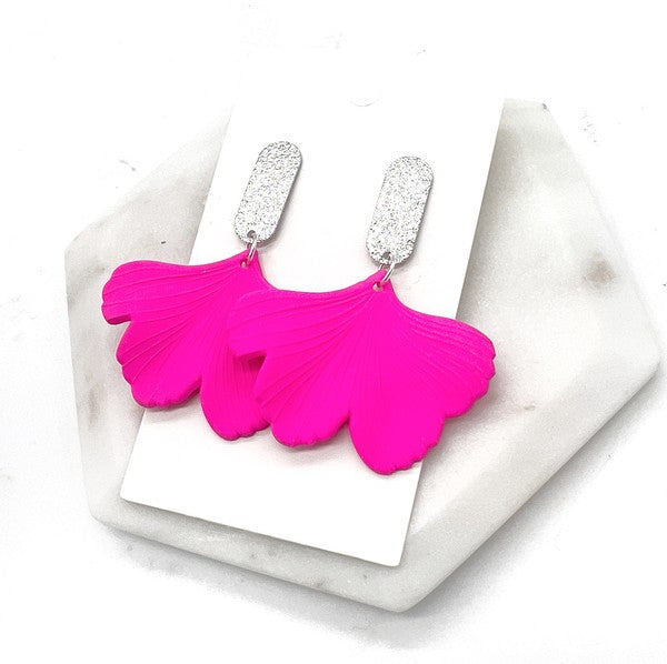 Hot Pink Ginkgo Leaf Acrylic Earrings Valentines