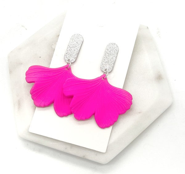 Hot Pink Ginkgo Leaf Acrylic Earrings Valentines