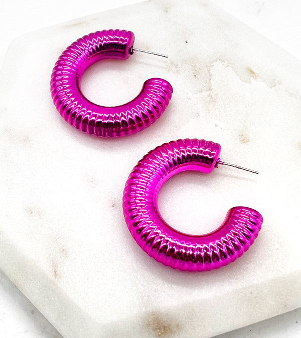 Hot Pink Chrome Acrylic Hoop Earrings