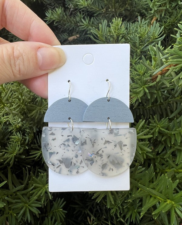 Grey Sparkle Sequin Wood Acrylic Deco Earrings