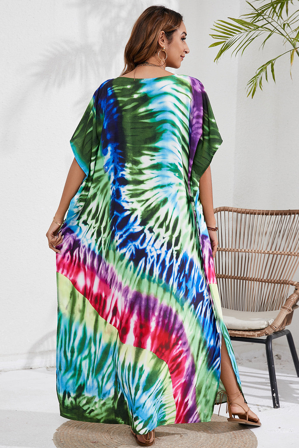 Slit Printed V-Neck Short Sleeve Cover Up